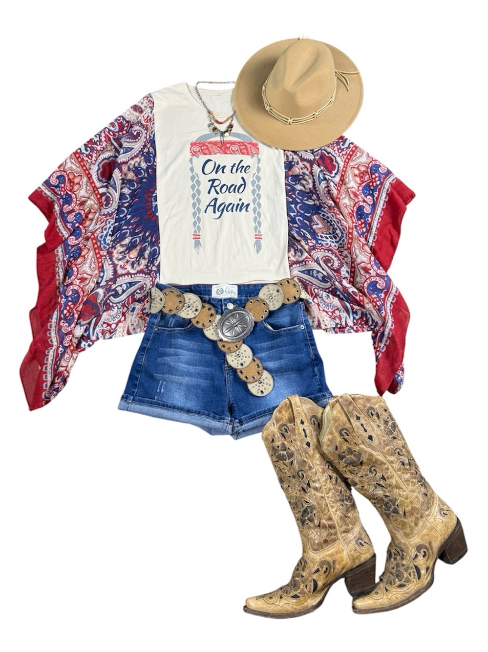 Willie Nelson “On the Road Again” Upcycled Tee Boho Western Flowy Sleeves OS